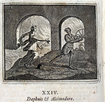 Daphnis og Alcimadura. Fabler av Jean de La Fontaine (1621-95). Illustrasjon av Francois Chauveau (1613-1676). Utgave av 1728. av Francois Chauveau