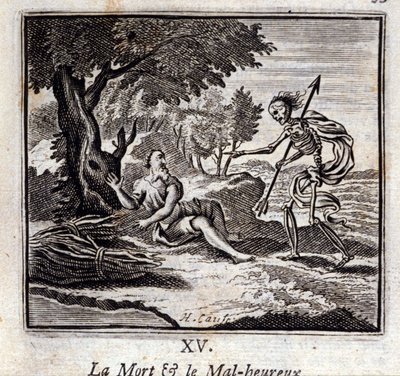 Døden og de ulykkelige. Fabler av Jean de La Fontaine (1621-95). Illustrasjon av Francois Chauveau (1613-1676). Utgave av 1728. av Francois Chauveau