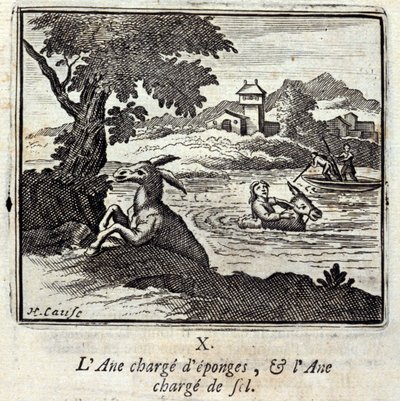 Esellass med svamper, og esellass med salt. Fabler av Jean de La Fontaine (1621-95). Illustrasjon av François Chauveau (1613-1676). Utgave av 1728. av Francois Chauveau