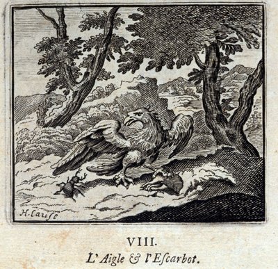 Ørn og snegl. Fabler av Jean de La Fontaine (1621-95). Illustrasjon av Francois Chauveau (1613-1676). Utgave av 1728. av Francois Chauveau