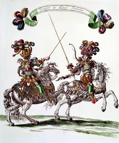 Indisk Ecuyer og side under karusellen gitt av kong Louis XIV (1638-1715) i 1662 til Tuileriene for å feire fødselen til Dauphin. Gravering av Francois Chauveau (1613-1676) 1600-tallets privatsamling av Francois Chauveau