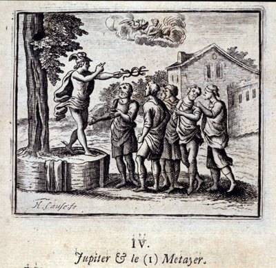 Jupiter og Metayer. Fabler av Jean de La Fontaine (1621-95). Illustrasjon av Francois Chauveau (1613-1676). Utgave av 1728. av Francois Chauveau
