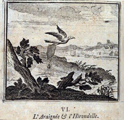 Edderkoppen og svalen. Fabler av Jean de La Fontaine (1621-95). Illustrasjon av François Chauveau (1613-1676). Utgave av 1728. av Francois Chauveau