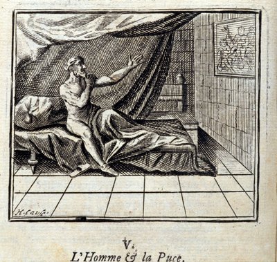 The Man and the Flea.Fables av Jean de La Fontaine (1621-95). Illustrasjon av Francois Chauveau (1613-1676). Utgave av 1728. av Francois Chauveau