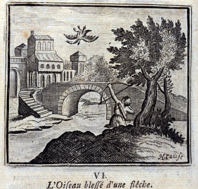 The Bird Wesses med en pil Fabler av Jean de La Fontaine (1621-95). Illustrasjon av Francois Chauveau (1613-1676). Utgave av 1728. av Francois Chauveau
