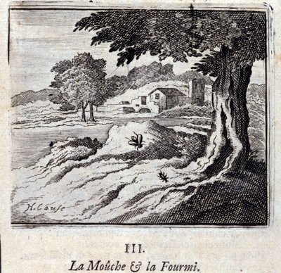 Fluen og maurfabler av Jean de La Fontaine (1621-95). Illustrasjon av Francois Chauveau (1613-1676). Utgave av 1728. av Francois Chauveau