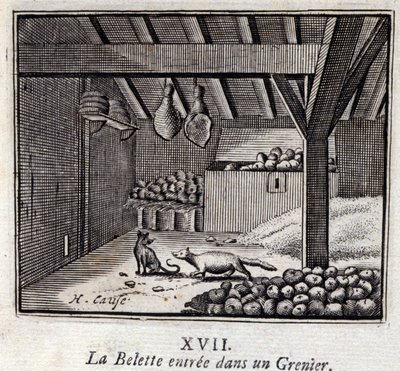 La Weasette gikk inn i en Grenier. Fabler av Jean de La Fontaine (1621-95). Illustrasjon av François Chauveau (1613-1676). Utgave av 1728. av Francois Chauveau