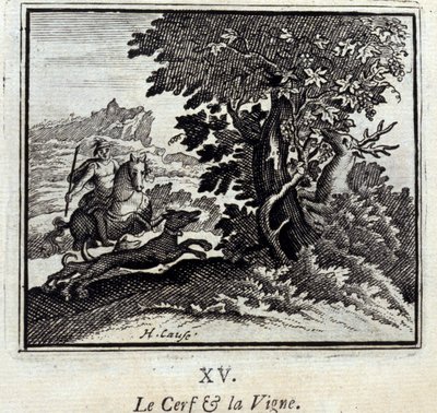 Hjorten og vintreet. Fabler av Jean de La Fontaine (1621-95). Illustrasjon av François Chauveau (1613-1676). Utgave av 1728. av Francois Chauveau