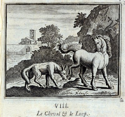 Hesten og ulven. Fabler av Jean de La Fontaine (1621-95). Illustrasjon av François Chauveau (1613-1676). Utgave av 1728. av Francois Chauveau