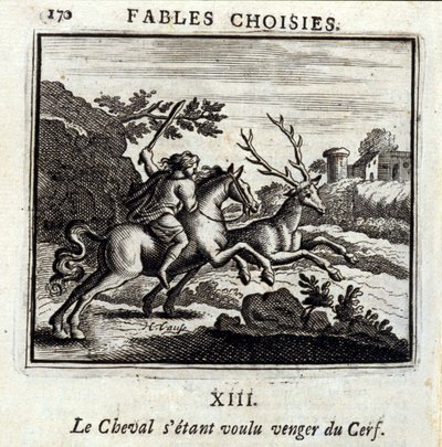 Hesten ønsket hevn for hjorten. Fabler av Jean de La Fontaine (1621-95). Illustrasjon av Francois Chauveau (1613-1676). Utgave av 1728. av Francois Chauveau