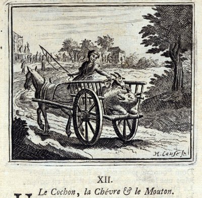 The Pig the Goat and the Mut.Fables av Jean de La Fontaine (1621-95). Illustrasjon av Francois Chauveau (1613-1676). Utgave av 1728. av Francois Chauveau