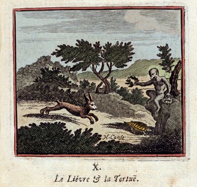 Haren og skilpadden - Fabler av Jean de La Fontaine (1621-1695) - Illustrasjon av Francois Chauveau (1613-1676) - Utgave av 1728 av Francois Chauveau