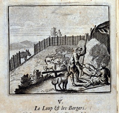Ulven og hyrdene. Fabler av Jean de La Fontaine (1621-95). Illustrasjon av François Chauveau (1613-1676). Utgave av 1728. av Francois Chauveau