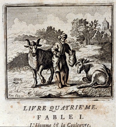 Mann og slange. Fabler av Jean de La Fontaine (1621-95). Illustrasjon av Francois Chauveau (1613-1676). Utgave av 1728. av Francois Chauveau