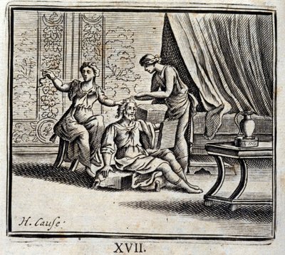 Mann mellom to aldre og hans to elskerinner. Fabler av Jean de La Fontaine (1621-95). Illustrasjon av Francois Chauveau (1613-1676). Utgave av 1728. av Francois Chauveau