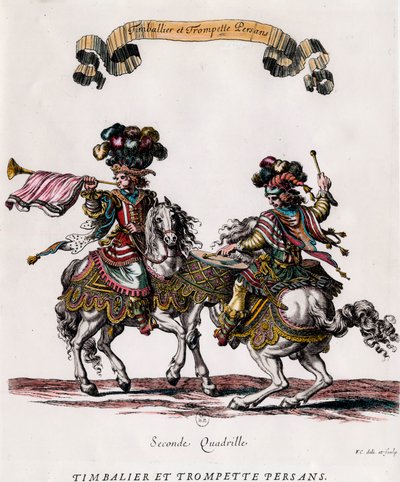 Persisk timbalier og trompet under karusellen gitt av kong Louis XIV (1639-1715) Gravering av Francois Chauveau (1613-1676) ca. 1662 Privat samling av Francois Chauveau