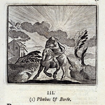 Phebus og Boree. Fabler av Jean de La Fontaine (1621-95). Illustrasjon av Francois Chauveau (1613-1676). Utgave av 1728. av Francois Chauveau