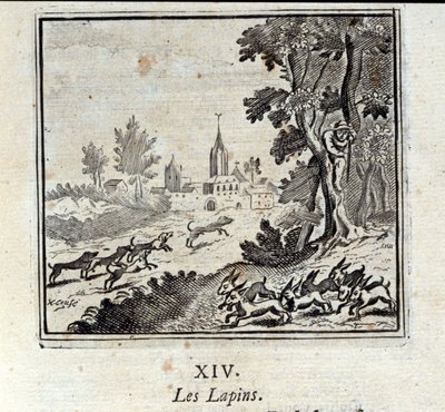 Kaniner. Fabler av Jean de La Fontaine (1621-95). Illustrasjon av François Chauveau (1613-1676). Utgave av 1728. av Francois Chauveau