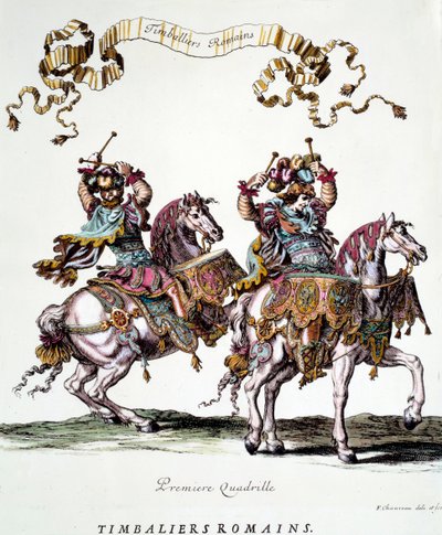 Romerske timbaliers under karusellen gitt av kong Louis XIV (1638-1715) i 1662 Gravering av Francois Chauveau (1613-1676) 1600-tallets privatsamling av Francois Chauveau