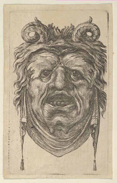 Satyrmaske med krøllede horn, bladrike øyenbryn og en klut som henger under haken, ca. 1635-45. av Francois Chauveau