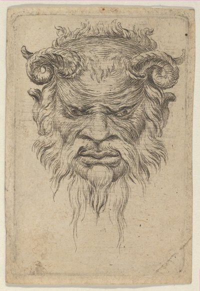 Satyrmaske med krøllede horn som ser ned, fra Divers Masques, ca. 1635-45. av Francois Chauveau