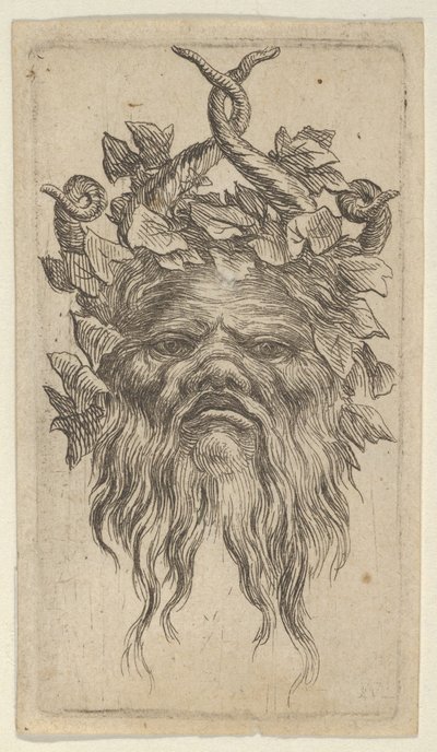 Satyrmaske med krokete horn og en eføykrans, fra Divers Masques, ca. 1635-45. av Francois Chauveau