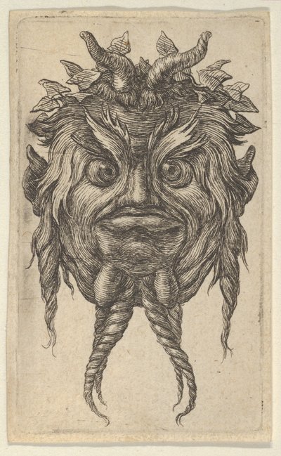 Satyrmaske med horn og vridd skjegg iført eføykrans, fra Divers Masque..., ca. 1635-45. av Francois Chauveau