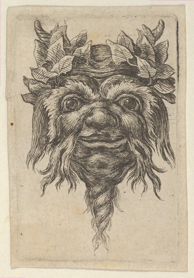 Satyrmaske med spiralformet skjegg og eføy gruppert rundt hvert horn, fra Divers..., ca. 1635-45. av Francois Chauveau