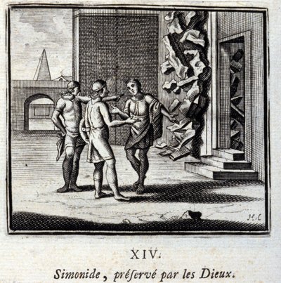 Simonides bevart av gudene. Fabler av Jean de La Fontaine (1621-95). Illustrasjon av Francois Chauveau (1613-1676). Utgave av 1728. av Francois Chauveau