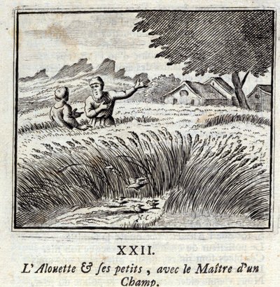 Alouetten og hans små med Mesteren på et felt. Fabler av Jean de La Fontaine (1621-95). Illustrasjon av François Chauveau (1613-1676). Utgave av 1728. av Francois Chauveau