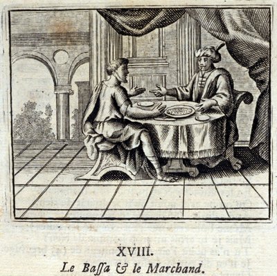 Bassaen og kjøpmannen. Fabler av Jean de La Fontaine (1621-95). Illustrasjon av Francois Chauveau (1613-1676). Utgave av 1728. av Francois Chauveau
