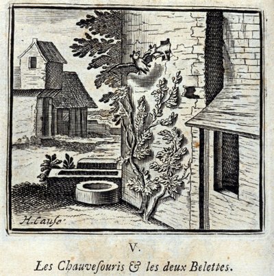 Flaggermusen og de to veslene. Fabler av Jean de La Fontaine (1621-95). Illustrasjon av François Chauveau (1613-1676). Utgave av 1728. av Francois Chauveau