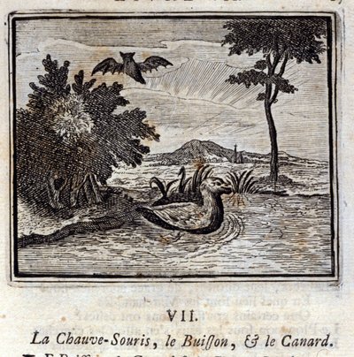 Flaggermusen, busken og anda. Fabler av Jean de La Fontaine (1621-95). Illustrasjon av François Chauveau (1613-1676). Utgave av 1728. av Francois Chauveau