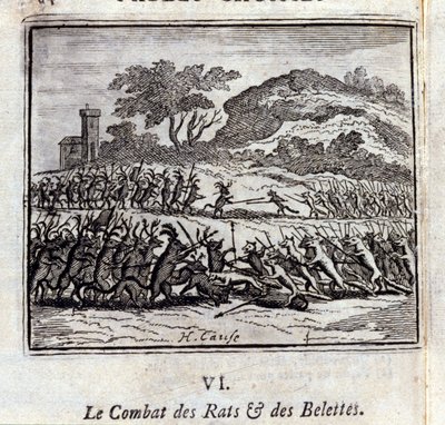 Slaget om rotter og veslinger. Fabler av Jean de La Fontaine (1621-95). Illustrasjon av François Chauveau (1613-1676). Utgave av 1728. av Francois Chauveau