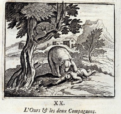 Bjørnen og de to følgesvennene. Fabler av Jean de La Fontaine (1621-95). Illustrasjon av François Chauveau (1613-1676). Utgave av 1728. av Francois Chauveau