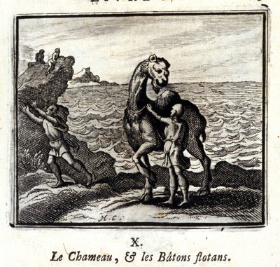 Kamelen og de flytende stokkene. Fabler av Jean de La Fontaine (1621-95). Illustrasjon av François Chauveau (1613-1676). Utgave av 1728. av Francois Chauveau