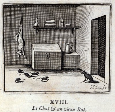 Katten og en gammel rotte. Fabler av Jean de La Fontaine (1621-95). Illustrasjon av Francois Chauveau (1613-1676). Utgave av 1728. av Francois Chauveau