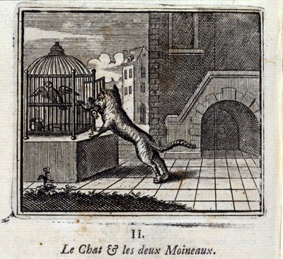 Katten og de to spurvene. Fabler av Jean de La Fontaine (1621-95). Illustrasjon av François Chauveau (1613-1676). Utgave av 1728. av Francois Chauveau