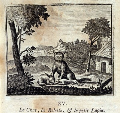 Katten, veslen og den lille kaninen. Fabler av Jean de La Fontaine (1621-95). Illustrasjon av François Chauveau (1613-1676). Utgave av 1728. av Francois Chauveau