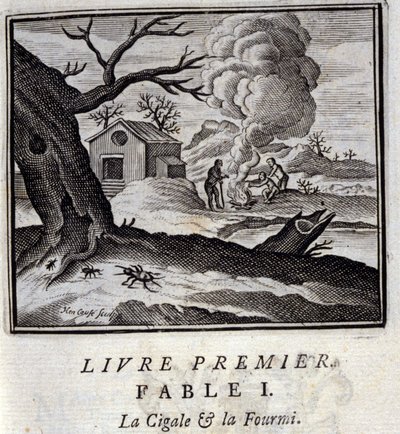 Cigalen og mauren. Fabler av Jean de La Fontaine (1621-95). Illustrasjon av Francois Chauveau (1613-1676). Utgave av 1728. av Francois Chauveau