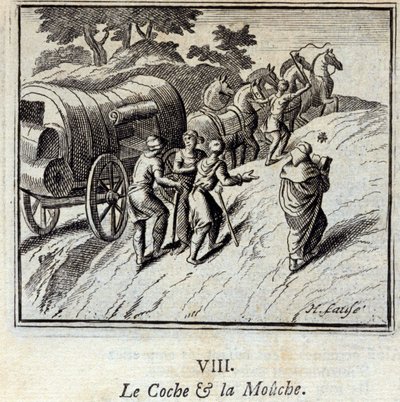 Cochen og fluen. Fabler av Jean de La Fontaine (1621-95). Illustrasjon av Francois Chauveau (1613-1676). Utgave av 1728. av Francois Chauveau