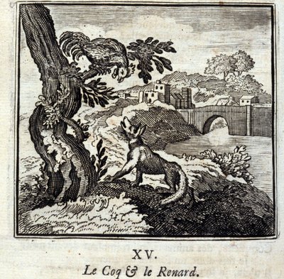 Coq og Fox. Fabler av Jean de La Fontaine (1621-95). Illustrasjon av Francois Chauveau (1613-1676). Utgave av 1728. av Francois Chauveau