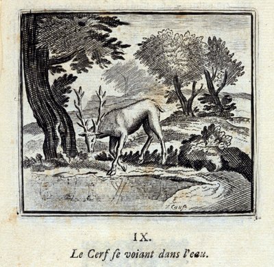 Hjorten ser seg selv i vannet. Fabler av Jean de La Fontaine (1621-95). Illustrasjon av François Chauveau (1613-1676). Utgave av 1728. av Francois Chauveau