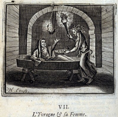 The Drunk og hans kone. Fabler av Jean de La Fontaine (1621-95). Illustrasjon av François Chauveau (1613-1676). Utgave av 1728. av Francois Chauveau