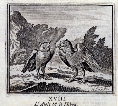 Ørnen og uglen. Fabler av Jean de La Fontaine (1621-95). Illustrasjon av François Chauveau (1613-1676). Utgave av 1728. av Francois Chauveau