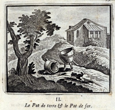 Jordpotten og jerngryten. Fabler av Jean de La Fontaine (1621-95). Illustrasjon av François Chauveau (1613-1676). Utgave av 1728. av Francois Chauveau