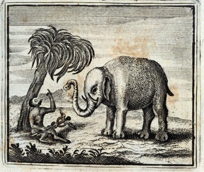 Elefanten og apen fra Jupiter. Fabler av Jean de La Fontaine (1621-95). Illustrasjon av François Chauveau (1613-1676). Utgave av 1728. av Francois Chauveau