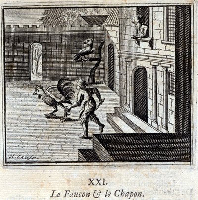 Falken og Kaponen. Fabler av Jean de La Fontaine (1621-95). Illustrasjon av François Chauveau (1613-1676). Utgave av 1728. av Francois Chauveau