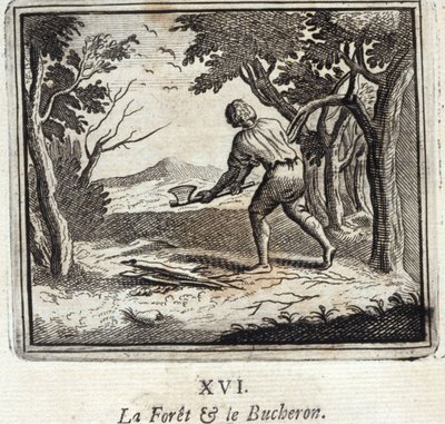Skogen og Bucheron. Fabler av Jean de La Fontaine (1621-95). Illustrasjon av Francois Chauveau (1613-1676). Utgave av 1728. av Francois Chauveau