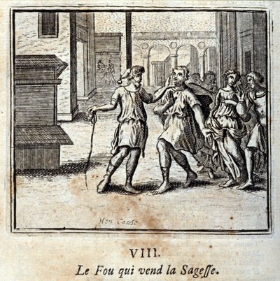 Fouen som selger visdom. Fabler av Jean de La Fontaine (1621-95). Illustrasjon av Francois Chauveau (1613-1676). Utgave av 1728. av Francois Chauveau